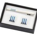 Blue Striped Silver Square Metal Cufflinks w/ Matching Tie Clip